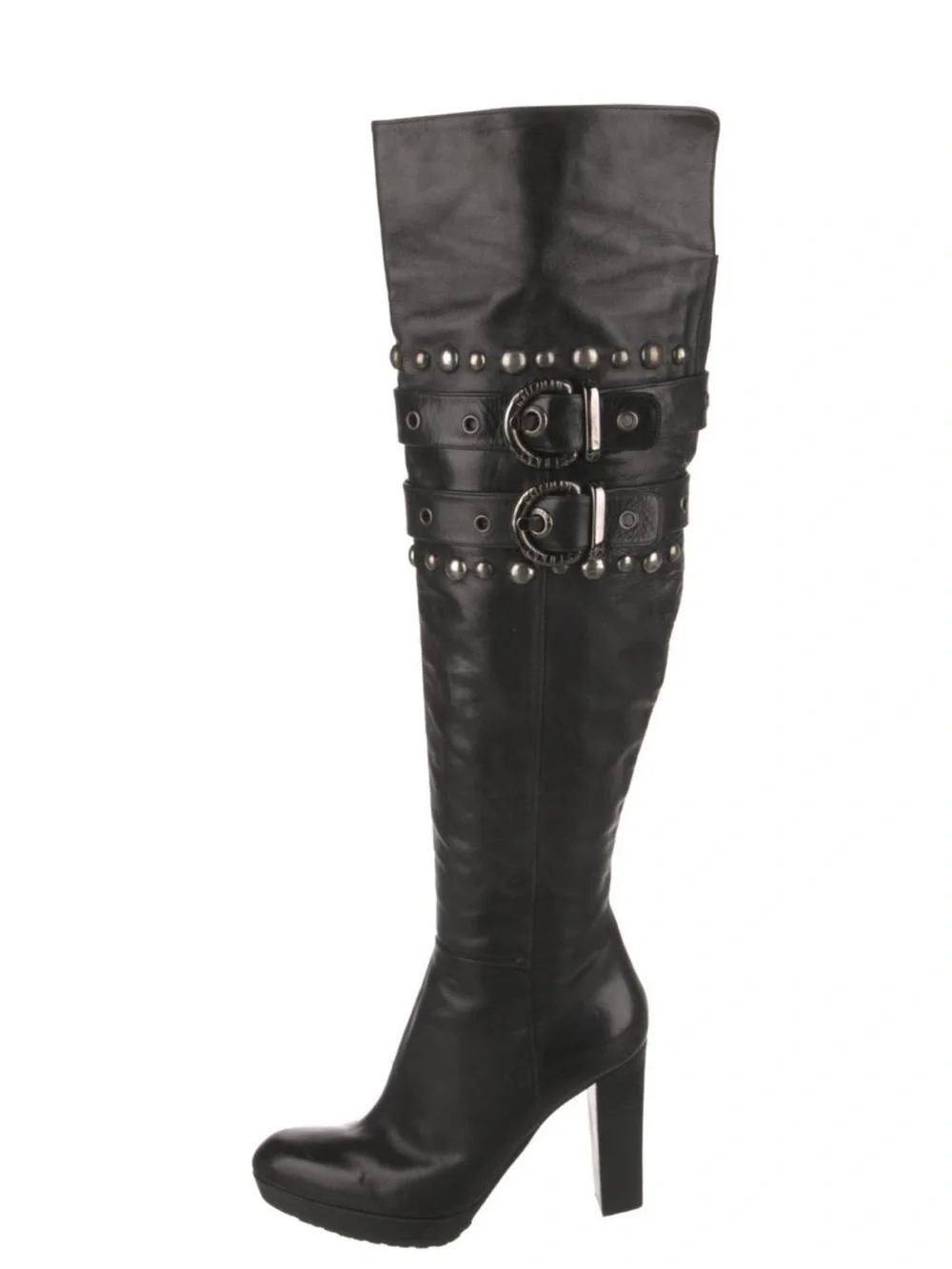 STUART WEITZMAN Y2K Black Studded Knee-High Buckle Boots - Women’s 6.5
